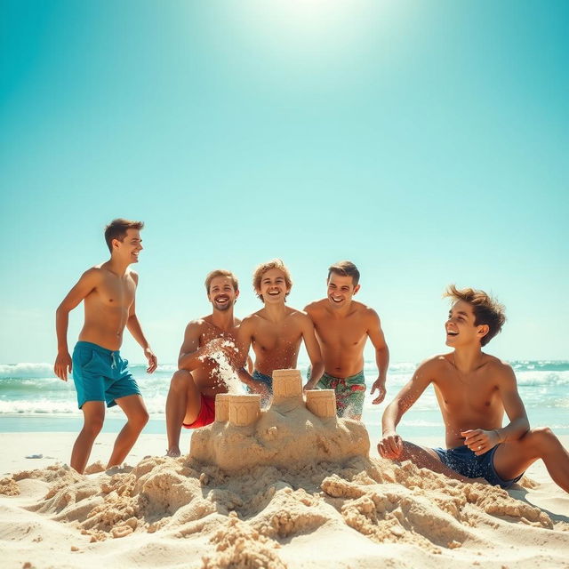 A whimsical scene featuring a group of playful young men enjoying a sunny day at the beach