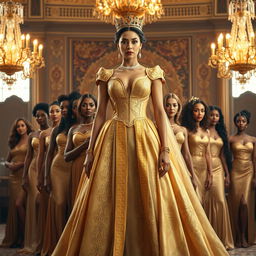 A majestic queen standing tall, adorned in an exquisite, regal gown with intricate golden patterns