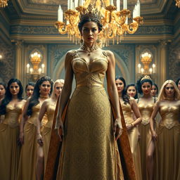 A majestic queen standing tall, adorned in an exquisite, regal gown with intricate golden patterns