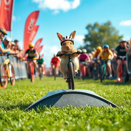 A small animal energetically participating in a bicycle race, performing a jump mid-air with excitement