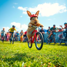 A small animal energetically participating in a bicycle race, performing a jump mid-air with excitement