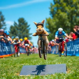 A small animal energetically participating in a bicycle race, performing a jump mid-air with excitement