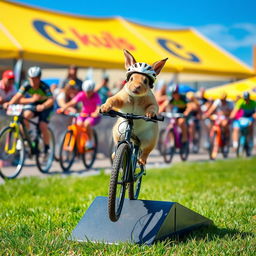 A small animal energetically participating in a bicycle race, performing a jump mid-air with excitement