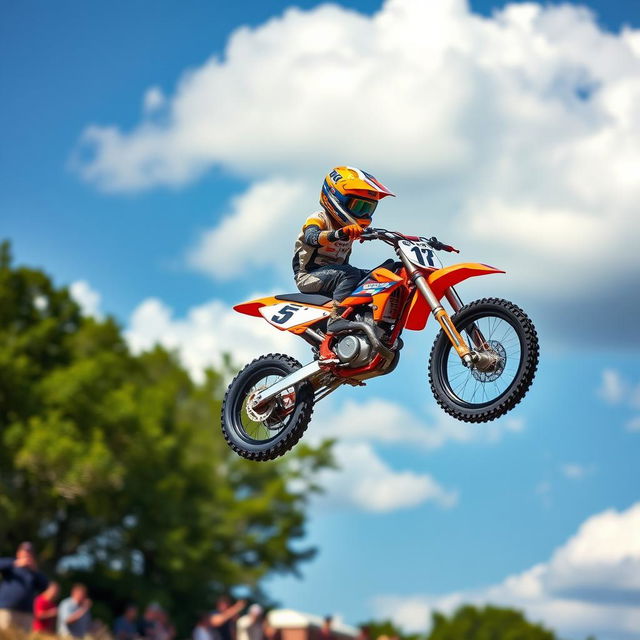 A small racing bike, brightly colored, soaring through the air with a dynamic jump, showcasing incredible agility mid-air