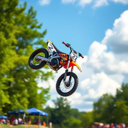 A small racing bike, brightly colored, soaring through the air with a dynamic jump, showcasing incredible agility mid-air