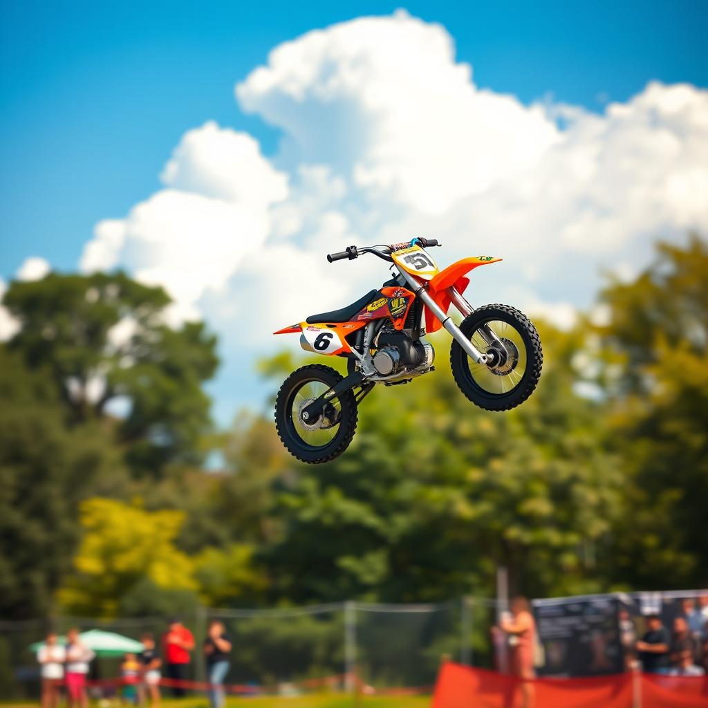 A small racing bike, brightly colored, soaring through the air with a dynamic jump, showcasing incredible agility mid-air