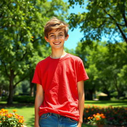 A teenage boy standing confidently in a lush, green park with sunlight filtering through the trees