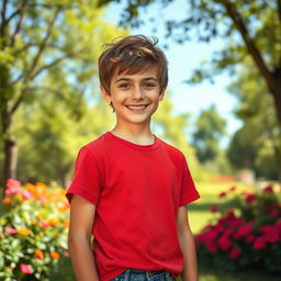 A teenage boy standing confidently in a lush, green park with sunlight filtering through the trees