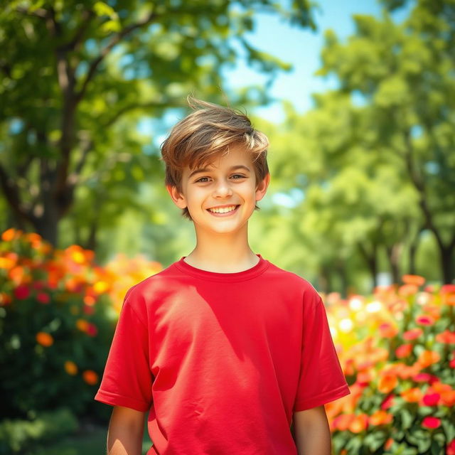 A teenage boy standing confidently in a lush, green park with sunlight filtering through the trees