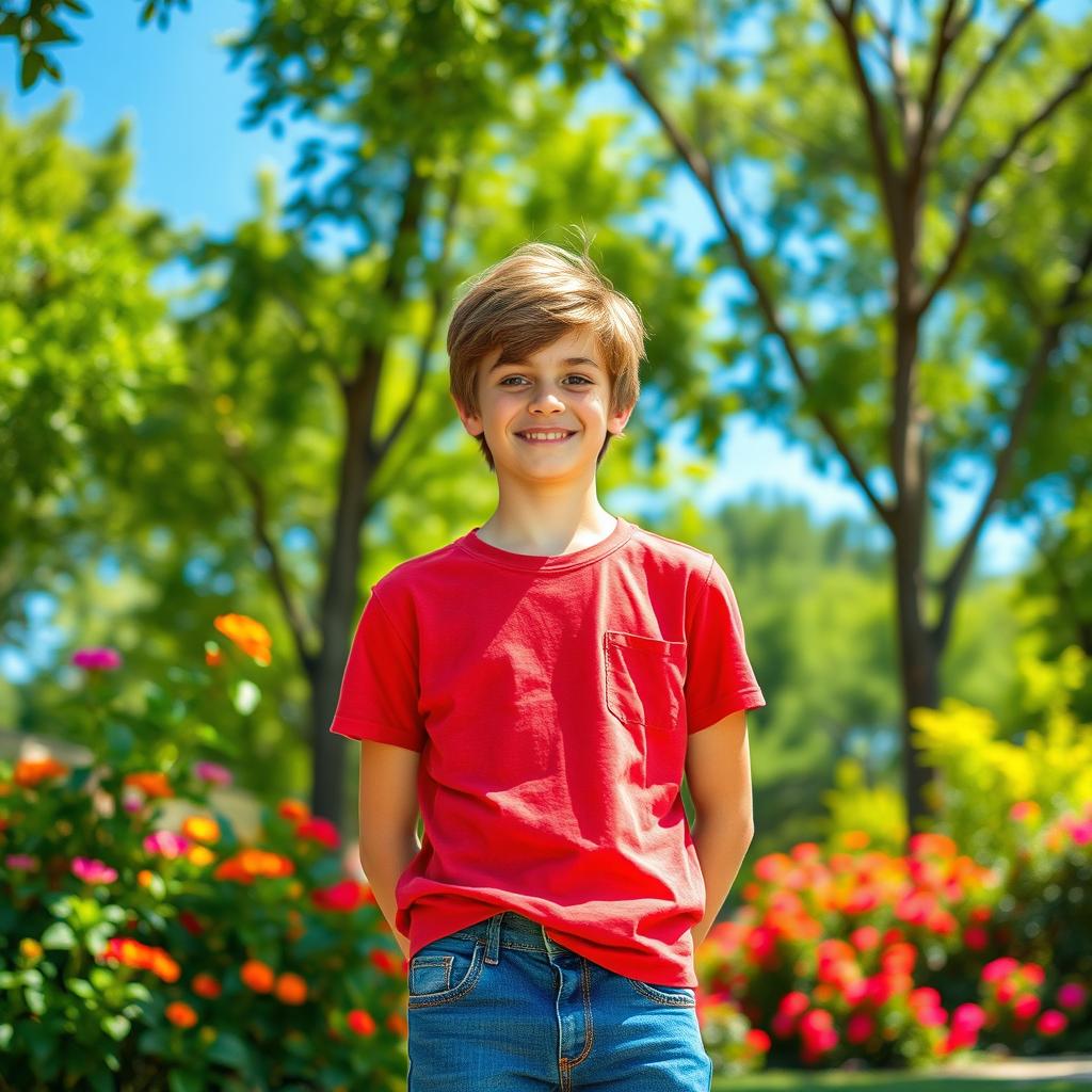 A teenage boy standing confidently in a lush, green park with sunlight filtering through the trees