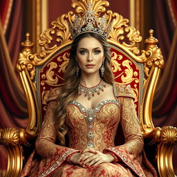 A regal and majestic queen sitting on a grand throne adorned with intricate golden patterns