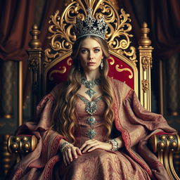 A regal and majestic queen sitting on a grand throne adorned with intricate golden patterns