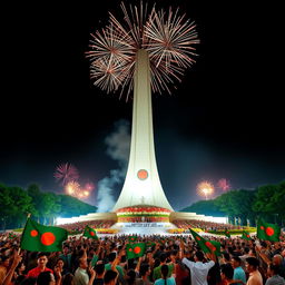 A grand celebration of Victory Day in Bangladesh, showcasing the National Liberation Monument against a vibrant backdrop of fireworks lighting up the night sky