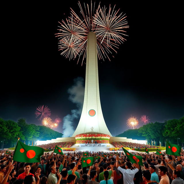 A grand celebration of Victory Day in Bangladesh, showcasing the National Liberation Monument against a vibrant backdrop of fireworks lighting up the night sky