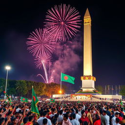 A grand celebration of Victory Day in Bangladesh, showcasing the National Liberation Monument against a vibrant backdrop of fireworks lighting up the night sky
