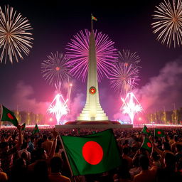 A grand celebration of Victory Day in Bangladesh, showcasing the National Liberation Monument against a vibrant backdrop of fireworks lighting up the night sky