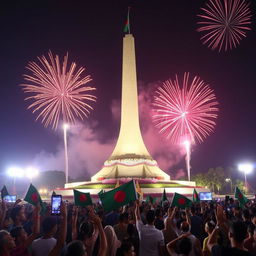 A grand celebration of Victory Day in Bangladesh, showcasing the National Liberation Monument against a vibrant backdrop of fireworks lighting up the night sky