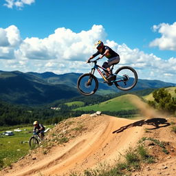 A dynamic scene depicting a mountain bike performing a spectacular jump on a dirt track