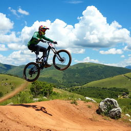 A dynamic scene depicting a mountain bike performing a spectacular jump on a dirt track