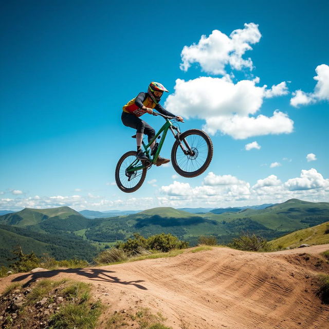 A dynamic scene depicting a mountain bike performing a spectacular jump on a dirt track