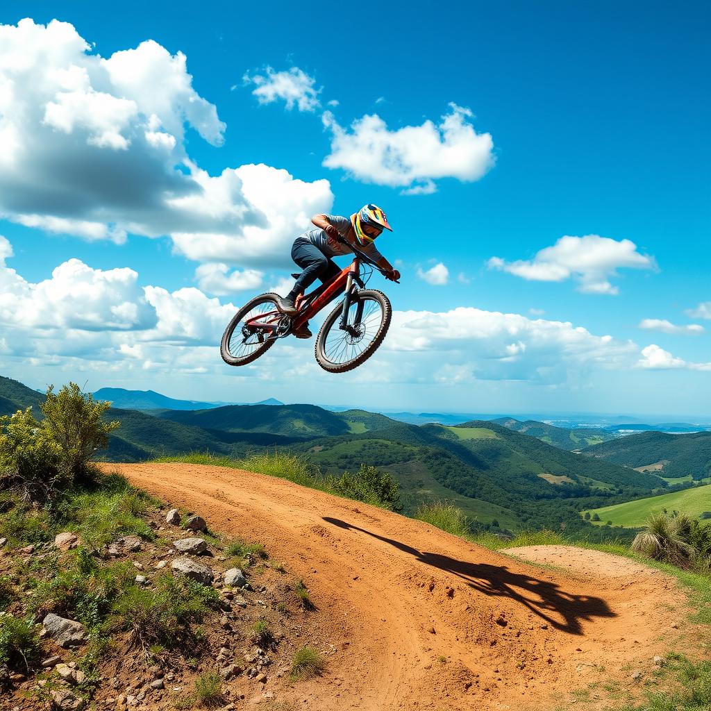 A dynamic scene depicting a mountain bike performing a spectacular jump on a dirt track