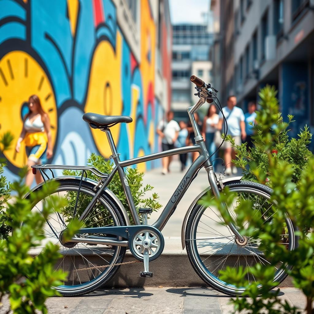 A vibrant and dynamic scene of a stylish pushbike parked against a colorful urban mural