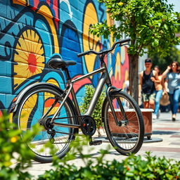 A vibrant and dynamic scene of a stylish pushbike parked against a colorful urban mural