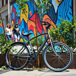 A vibrant and dynamic scene of a stylish pushbike parked against a colorful urban mural