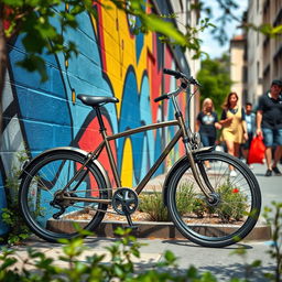 A vibrant and dynamic scene of a stylish pushbike parked against a colorful urban mural