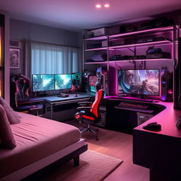 A well-organized, L-shaped room filled with a neatly made up bed, an advanced gaming setup with cutting edge technology, a spacious wardrobe, and a comfortable sofa arranged in harmony.