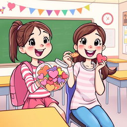 A vibrant cartoon illustration featuring two girls sitting in a classroom, engaging in a lively conversation