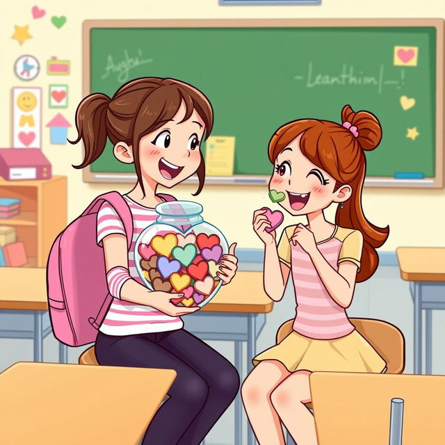 A vibrant cartoon illustration featuring two girls sitting in a classroom, engaging in a lively conversation