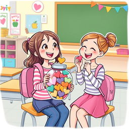 A vibrant cartoon illustration featuring two girls sitting in a classroom, engaging in a lively conversation