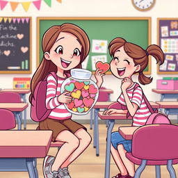 A vibrant cartoon illustration featuring two girls sitting in a classroom, engaging in a lively conversation