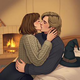 A woman in her early thirties with shoulder-length light brown hair, wearing a cozy cableknit sweater, passionately kissing a serious Norwegian man in his early thirties