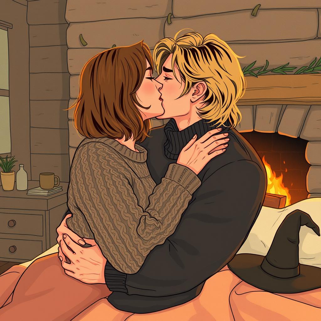 A woman in her early thirties with shoulder-length light brown hair, wearing a cozy cableknit sweater, passionately kissing a serious Norwegian man in his early thirties