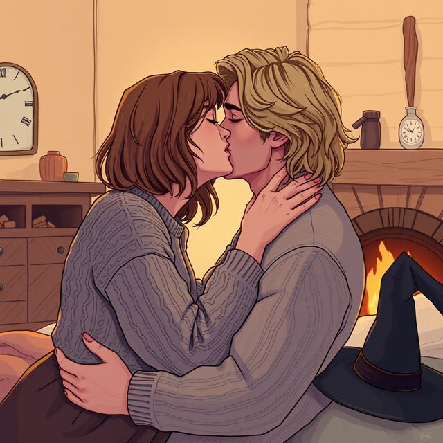 A woman in her early thirties with shoulder-length light brown hair, wearing a cozy cableknit sweater, passionately kissing a serious Norwegian man in his early thirties