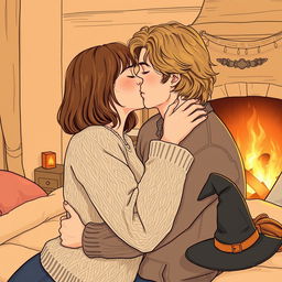 A woman in her early thirties with shoulder-length light brown hair, wearing a cozy cableknit sweater, passionately kissing a serious Norwegian man in his early thirties