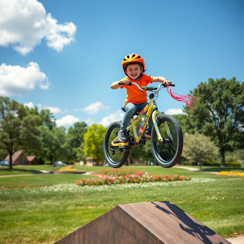 A small child riding a colorful bicycle in mid-air, executing an impressive jump over a ramp in a sunny park