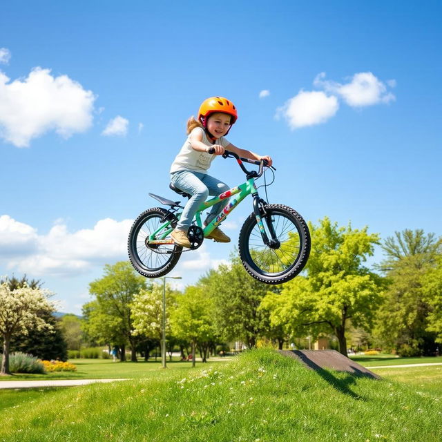 A small child riding a colorful bicycle in mid-air, executing an impressive jump over a ramp in a sunny park