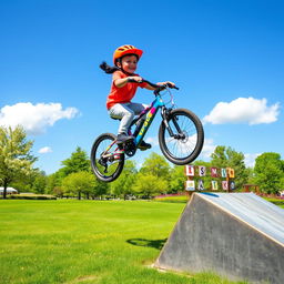 A small child riding a colorful bicycle in mid-air, executing an impressive jump over a ramp in a sunny park