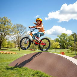 A small child riding a colorful bicycle in mid-air, executing an impressive jump over a ramp in a sunny park