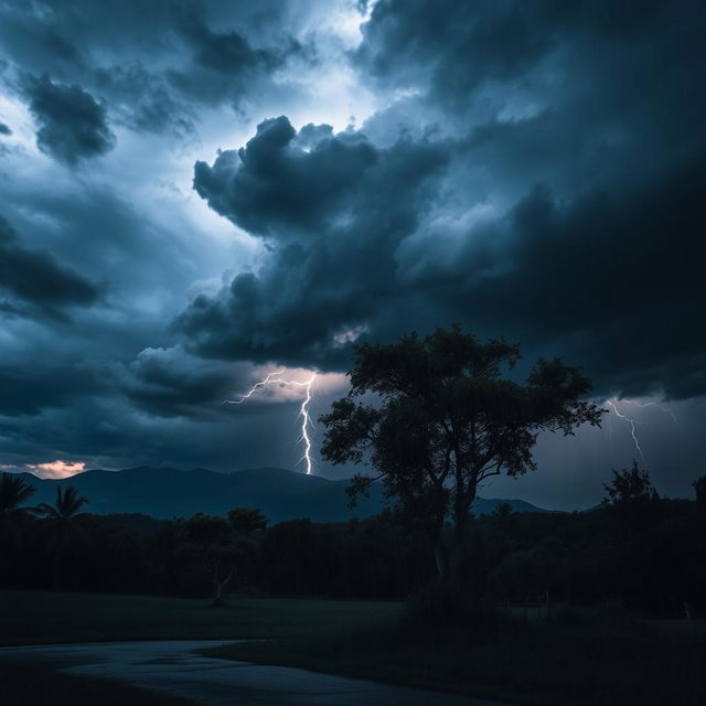 A dramatic scene of a stormy weather landscape, showcasing dark, swirling clouds filled with shades of gray and hints of blue, lightning illuminating the sky, strong gusts of wind causing trees to bend, rain pouring down, creating puddles on the ground