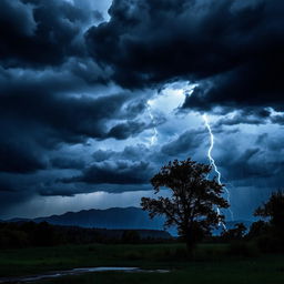 A dramatic scene of a stormy weather landscape, showcasing dark, swirling clouds filled with shades of gray and hints of blue, lightning illuminating the sky, strong gusts of wind causing trees to bend, rain pouring down, creating puddles on the ground