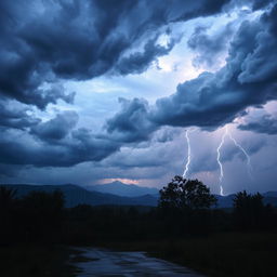 A dramatic scene of a stormy weather landscape, showcasing dark, swirling clouds filled with shades of gray and hints of blue, lightning illuminating the sky, strong gusts of wind causing trees to bend, rain pouring down, creating puddles on the ground