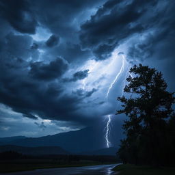 A dramatic scene of a stormy weather landscape, showcasing dark, swirling clouds filled with shades of gray and hints of blue, lightning illuminating the sky, strong gusts of wind causing trees to bend, rain pouring down, creating puddles on the ground