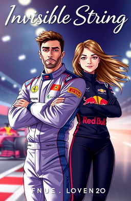 A captivating Wattpad cover for a story titled "Invisible String" featuring Max Verstappen, the famous Formula 1 driver, and Lily Beaumont, the social media manager of Red Bull F1