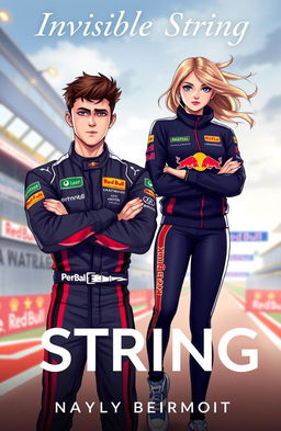A captivating Wattpad cover for a story titled "Invisible String" featuring Max Verstappen, the famous Formula 1 driver, and Lily Beaumont, the social media manager of Red Bull F1