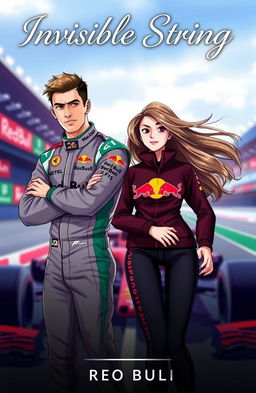 A captivating Wattpad cover for a story titled "Invisible String" featuring Max Verstappen, the famous Formula 1 driver, and Lily Beaumont, the social media manager of Red Bull F1