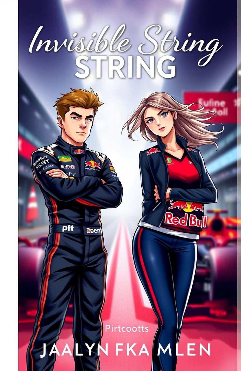 A captivating Wattpad cover for a story titled "Invisible String" featuring Max Verstappen, the famous Formula 1 driver, and Lily Beaumont, the social media manager of Red Bull F1